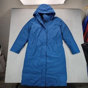 Lands End Long Coat Women Large 14-16 Blue Hooded Goose Down Winter Parka Zip